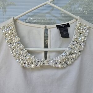 Ann Taylor Ivory Top with Pearl and Rhinestone Collar Large